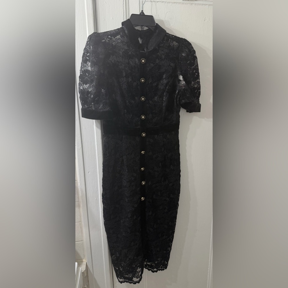 Tahari Black Lace Midi Dress with Button Front